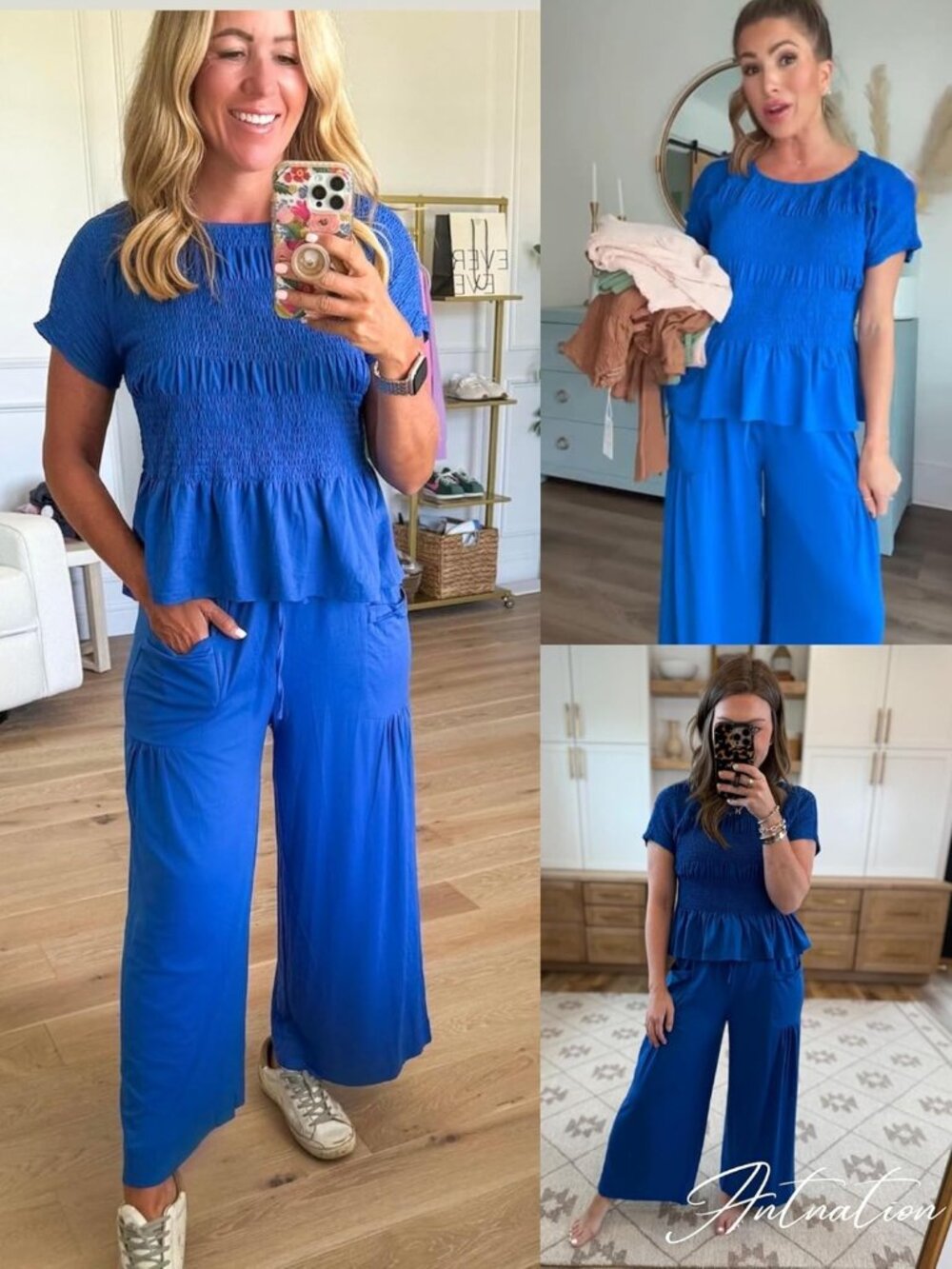 Womens 2 Piece Smocked Top Wide-Leg Pants Set High-Waisted Lounge Outfit with Po - Picture 6 of 6